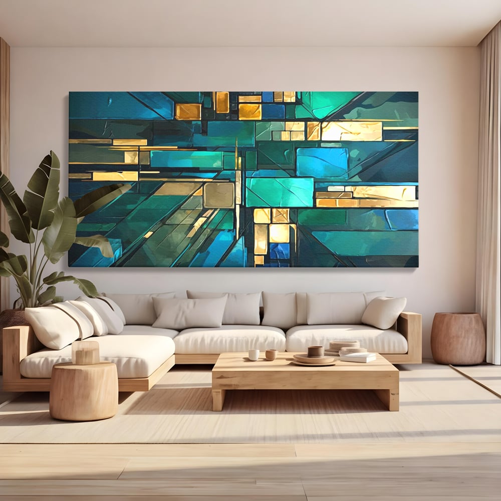Tablou canvas cu tablou abstract geometric in nuante de albastru, fara rama, pe sasiu de lemn, pe perete intr-un living
